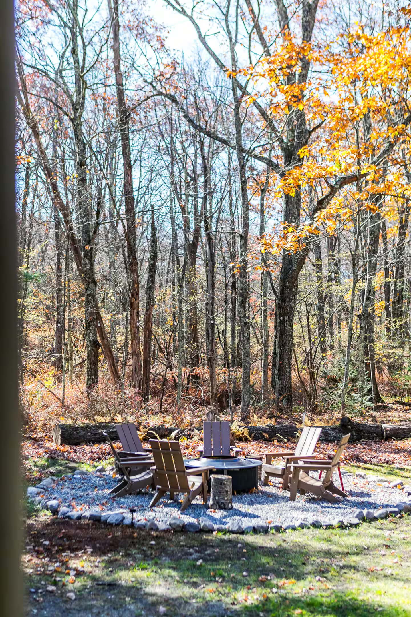 A circle of six wooden chairs around a fire pit in a wooded area during autumn with trees and fallen leaves.