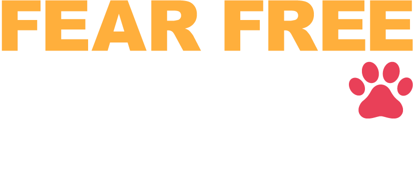 Text that reads 'Fear Free Shelters Graduate' with an orange and white background, and a pink paw print beside the word 'Shelters'.