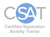 Logo for Certified Separation Anxiety Trainer (CSAT) with blue and black text
