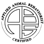 A circular logo with the words 'APPLIED ANIMAL BEHAVIORIST CERTIFIED' around the edge, and a stylized geometric design inside.