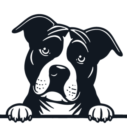 Line art illustration of a dog with a sad expression, resting its paws on a surface.