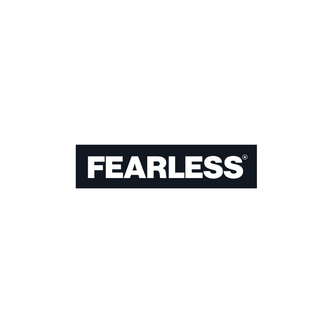 Bold typography word 'FEARLESS' with a registered trademark symbol on a black background.