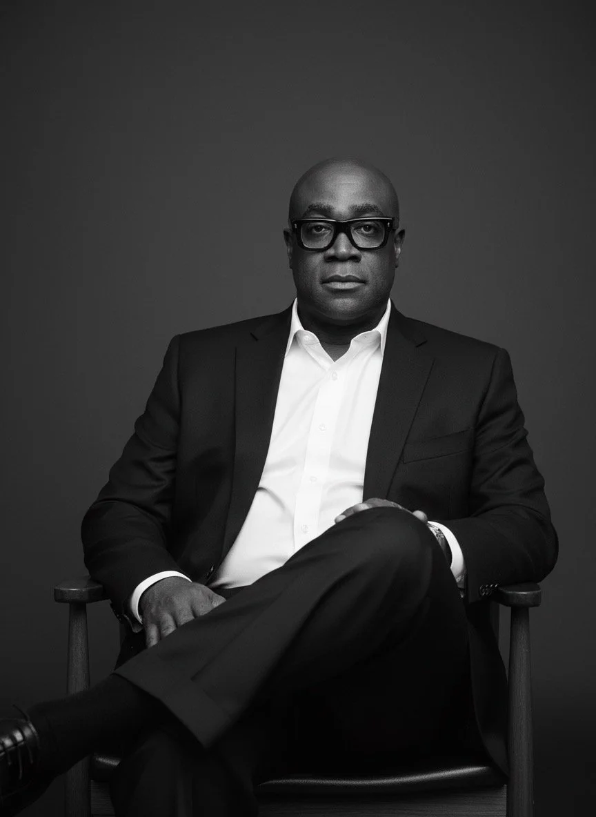 Black and white portrait of a man in a suit sitting with legs crossed, wearing glasses, against a plain background.