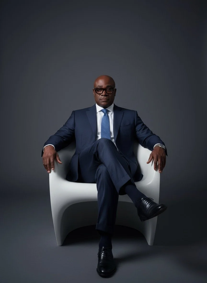 A man in a dark blue suit, white shirt, and blue tie sitting on a modern white chair against a dark gray background.