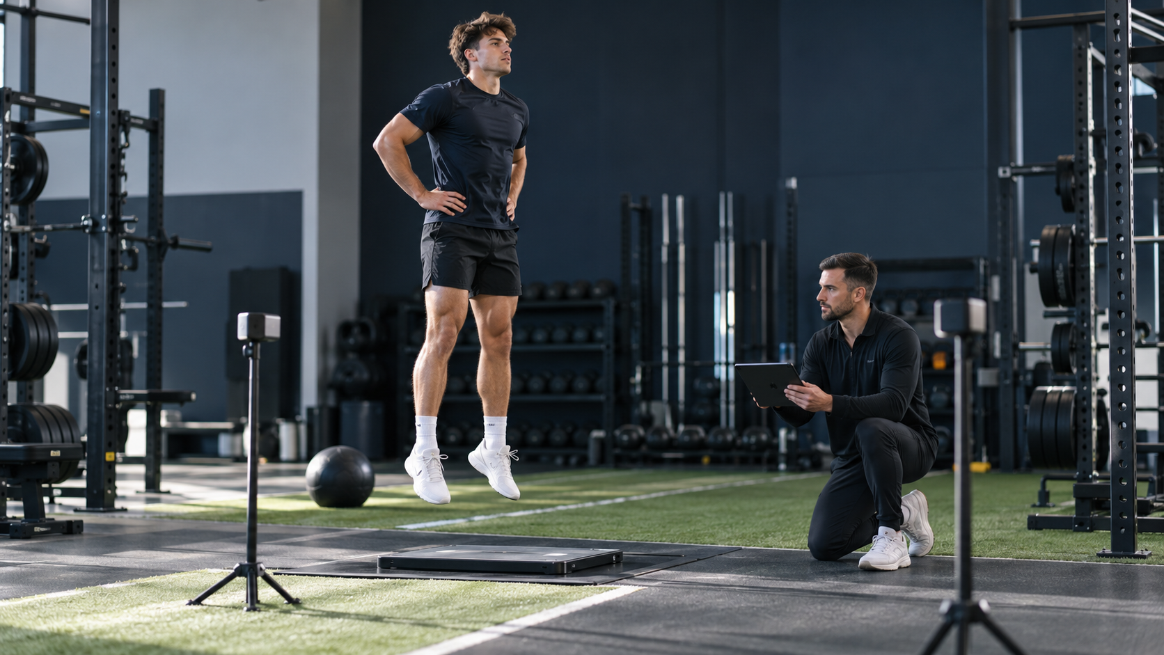 A young man performing a jump exercise in a gym, supervised by a trainer who is kneeling and holding a tablet, with gym equipment visible in the background.