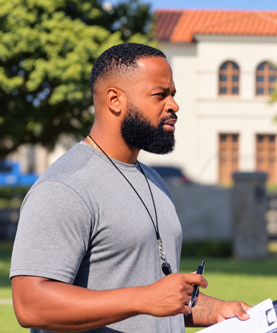 A man with a beard and short curly hair wearing a gray athletic shirt, holding a pen and clipboard outdoors, with a serious expression.