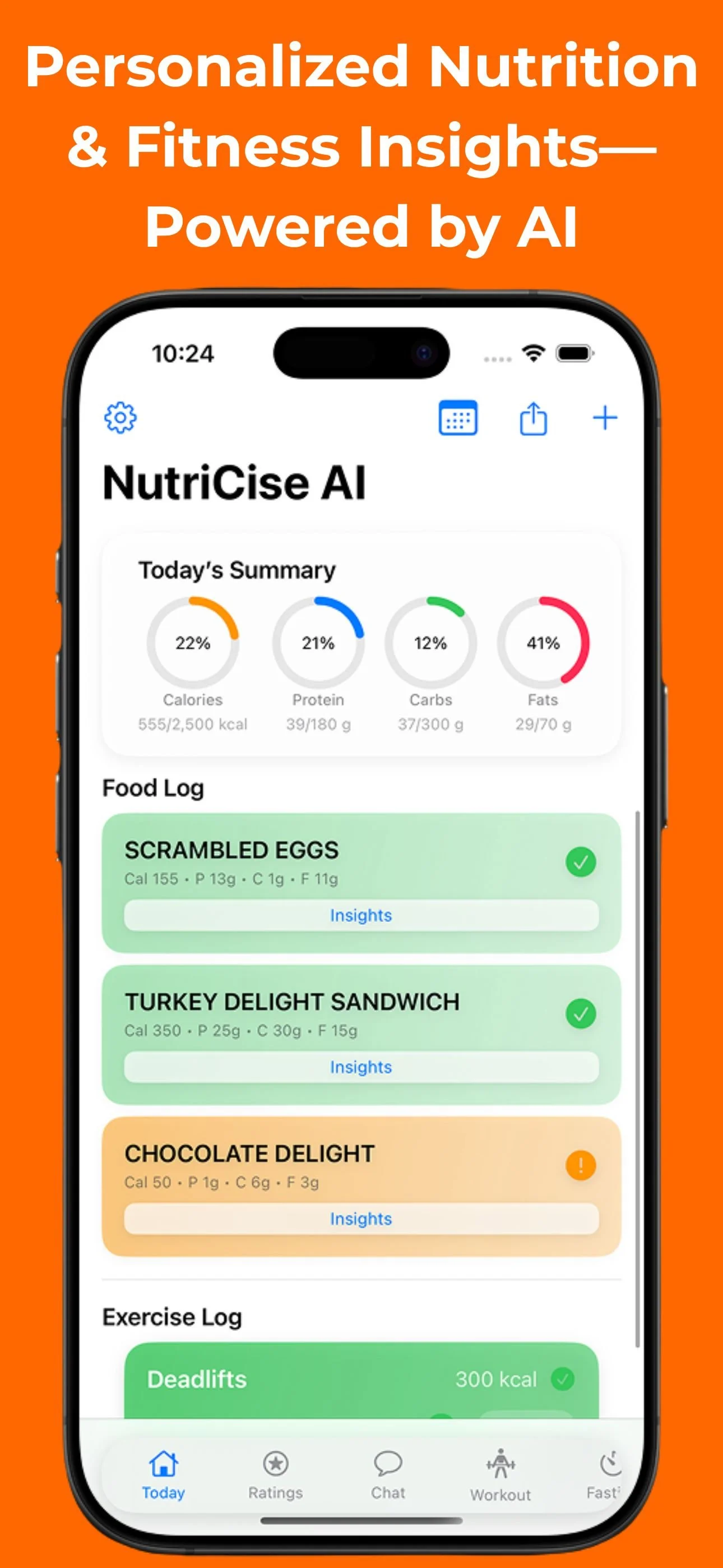 Mobile phone screen displaying the NutriCise AI app with personalized nutrition and workout insights, food log, and exercise log, against an orange background.
