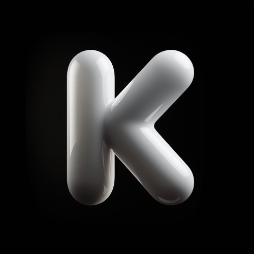 A shiny, metallic letter K against a black background.