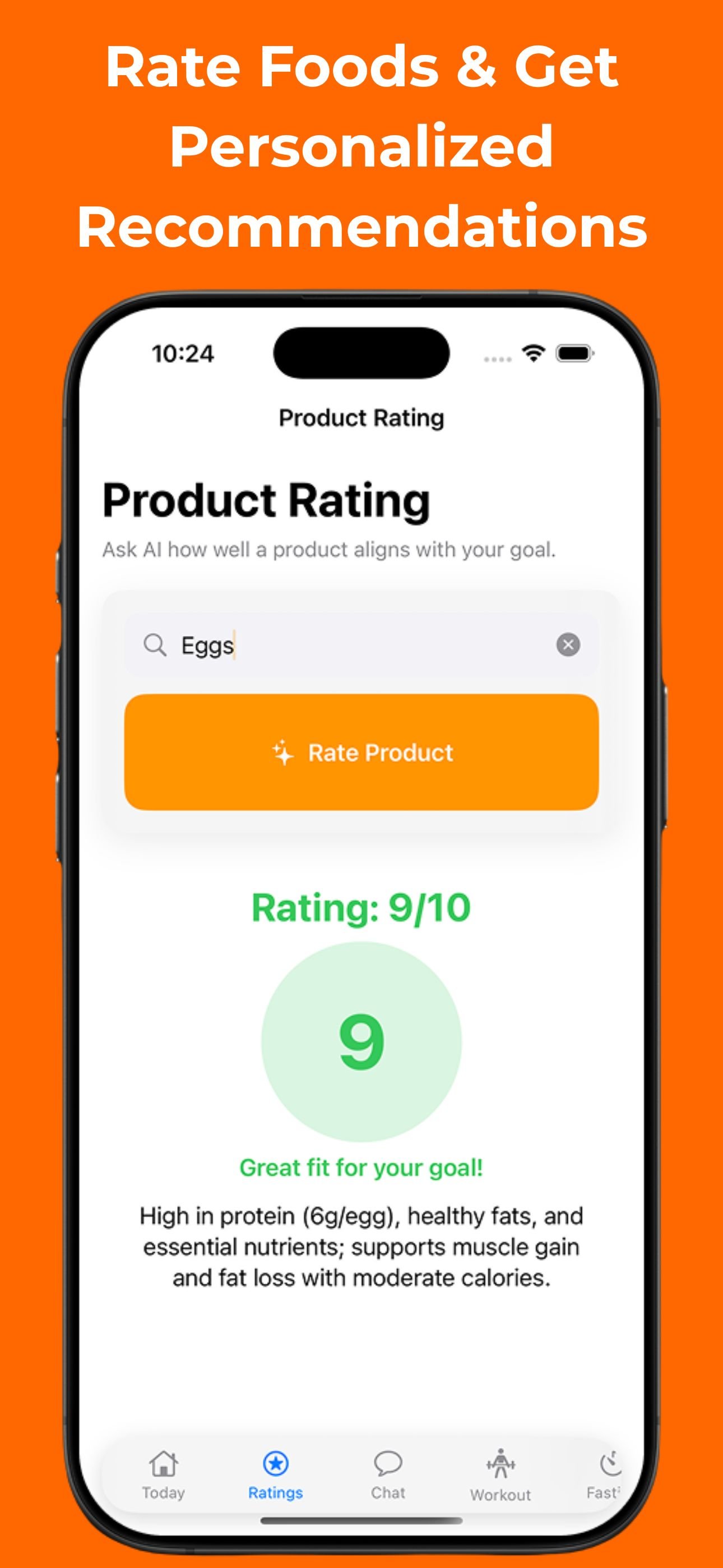 Mobile app screen for rating food products, showing a product named 'Eggs' with a rating of 9 out of 10, and a button labeled 'Rate Product' on an orange background with menu icons at the bottom.