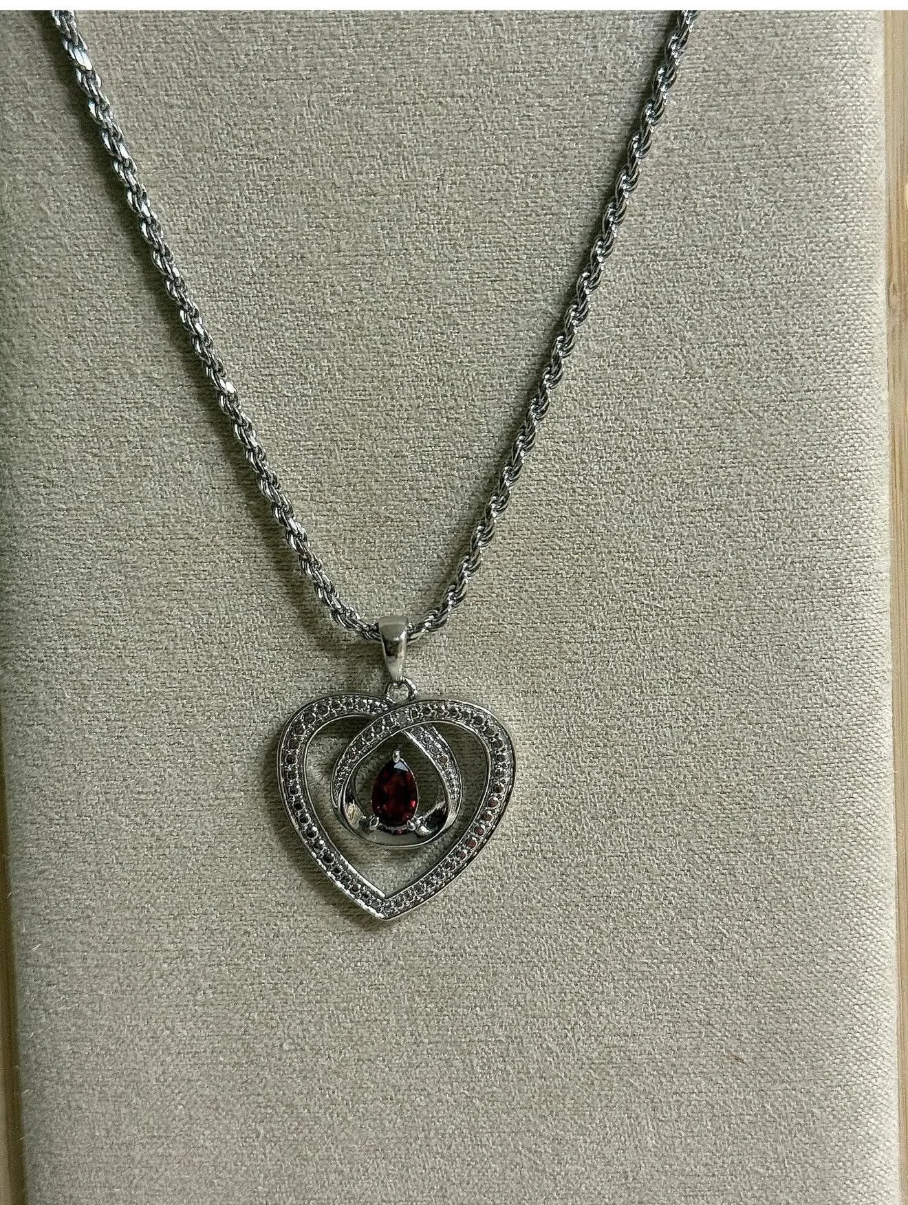 Garnet Heart Silver Necklace
