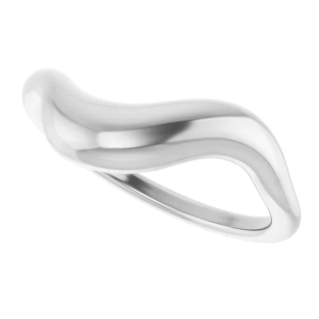 A silver ring with a modern, abstract design.