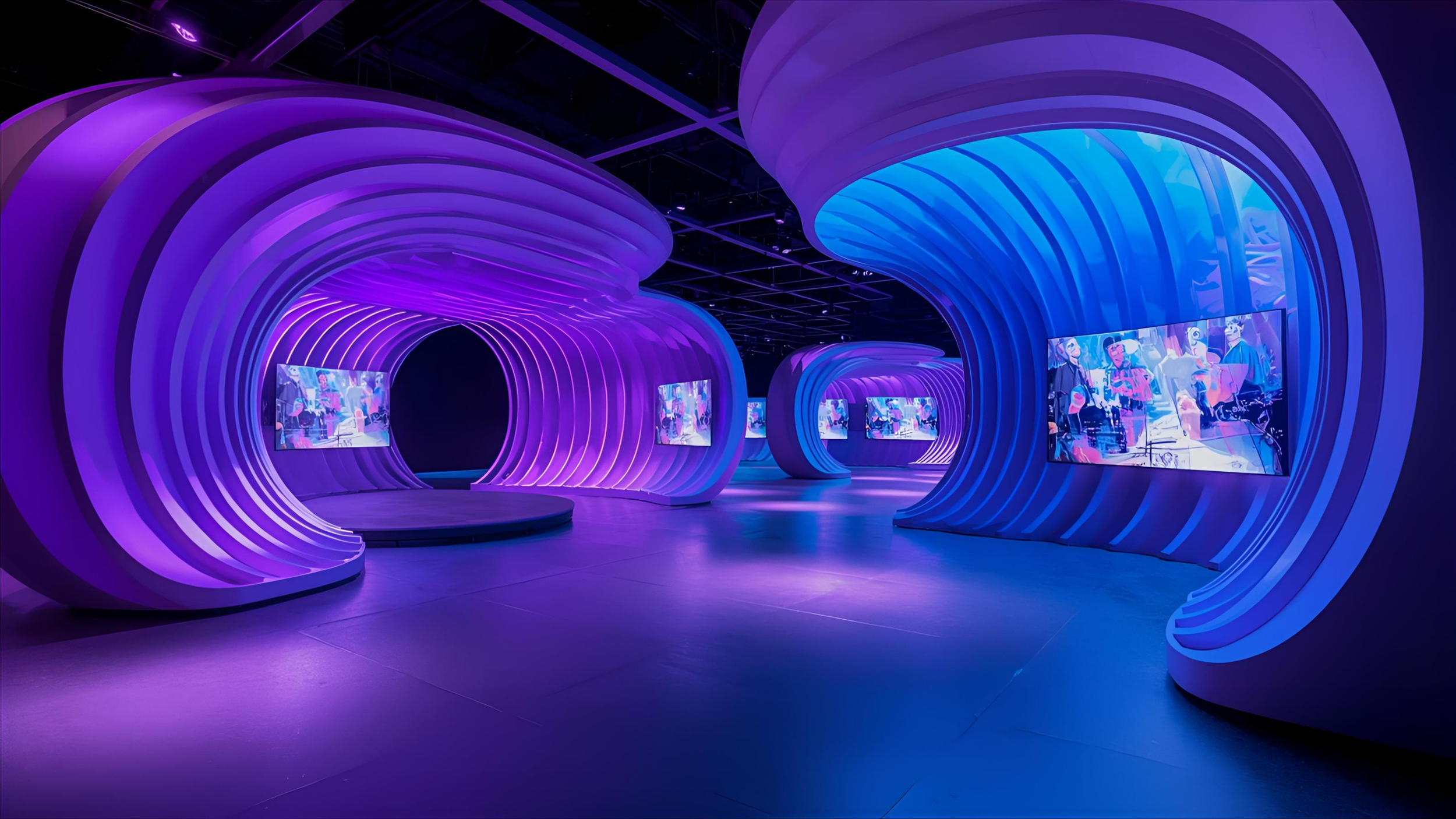 A futuristic exhibition space with glowing purple and blue wave-like structures and multiple flat-screen monitors displaying images.