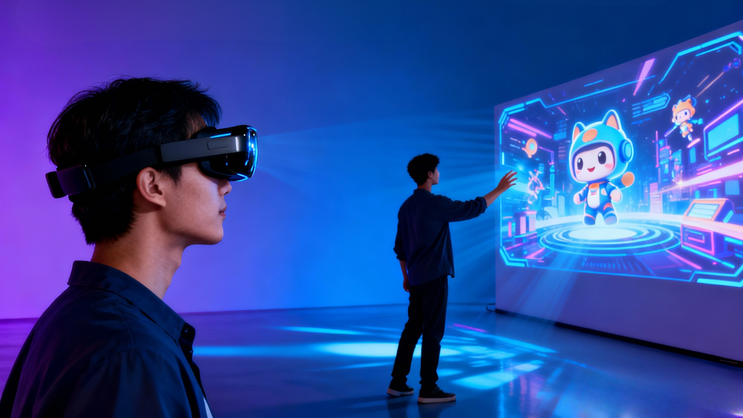 A young man and a woman interact with a large digital screen displaying a cartoon robot character in a technologically themed environment, with the young man wearing a VR headset.