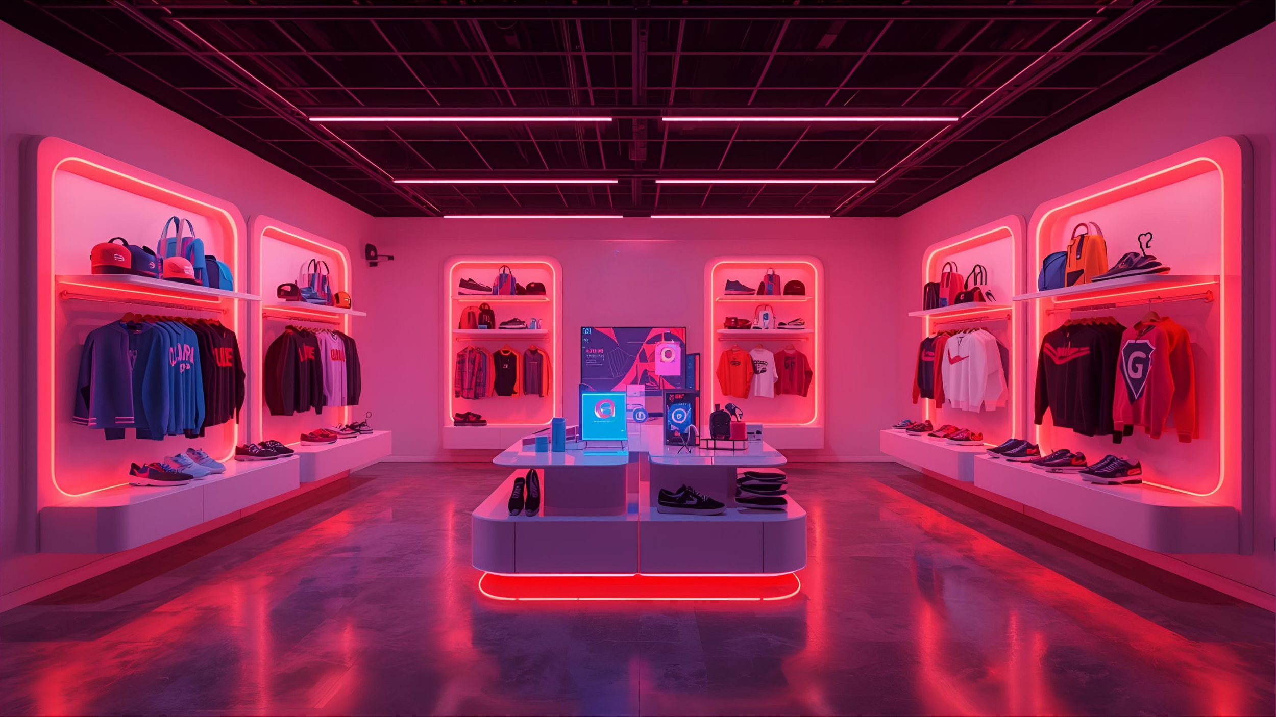A futuristic retail store with pink neon lighting, displaying clothing, shoes, and accessories on illuminated shelves and racks, with a central display table featuring electronic screens.