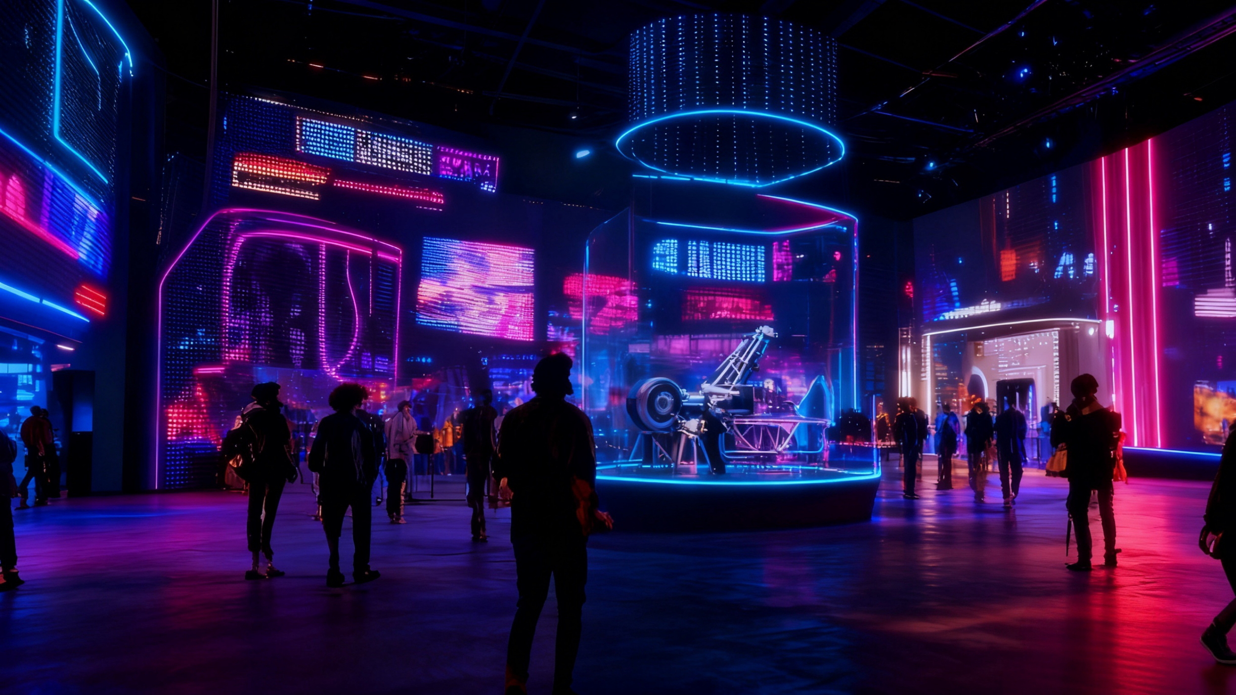 Generation of a futuristic, neon-lit exhibition or museum with a central display of a holographic robotic arm, surrounded by people observing the vibrant, colorful digital artwork and illuminated signs.