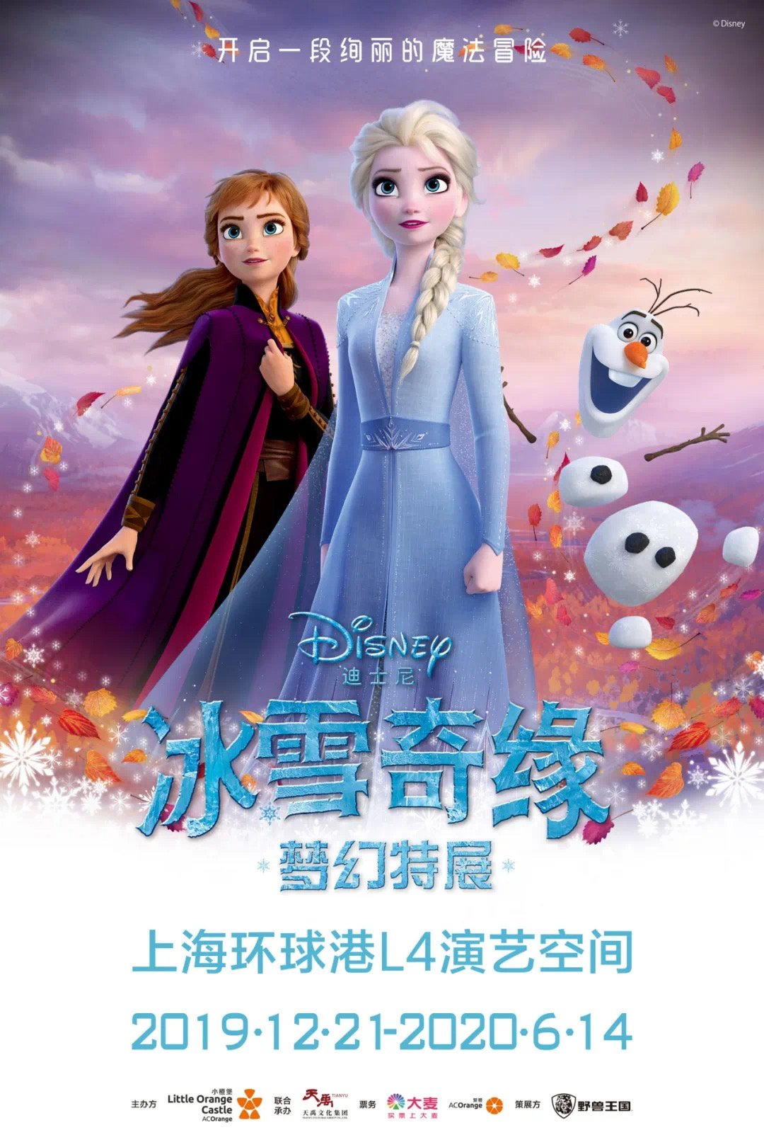 Poster for Disney's Frozen exhibit featuring characters Elsa and Anna, with Olaf the snowman, set against a wintery landscape with leaves. Includes Chinese text and event details in Shanghai from December 21, 2019 to June 14, 2020.