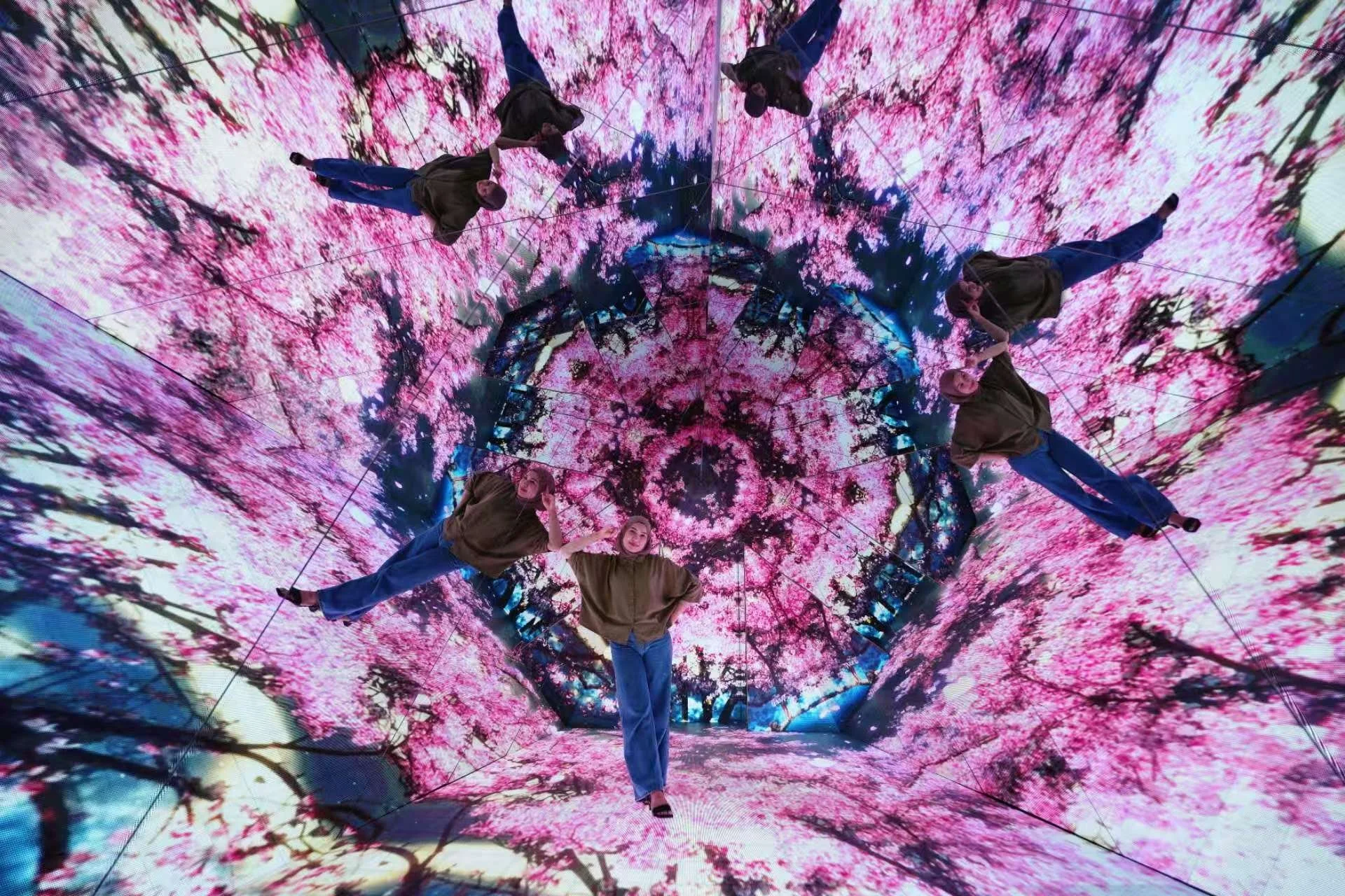 Person standing inside a mirrored tunnel with pink cherry blossom images reflected on the walls.