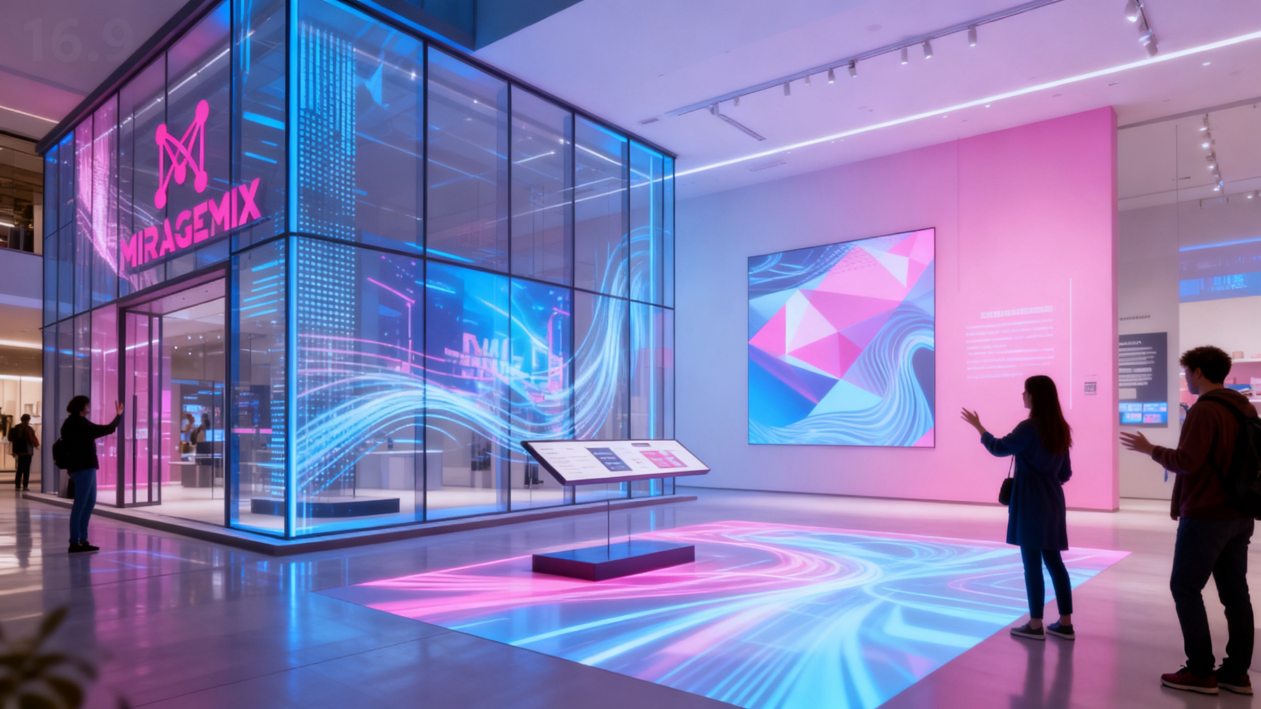 People observing digital art exhibit with vibrant neon pink and blue graphics in a gallery.