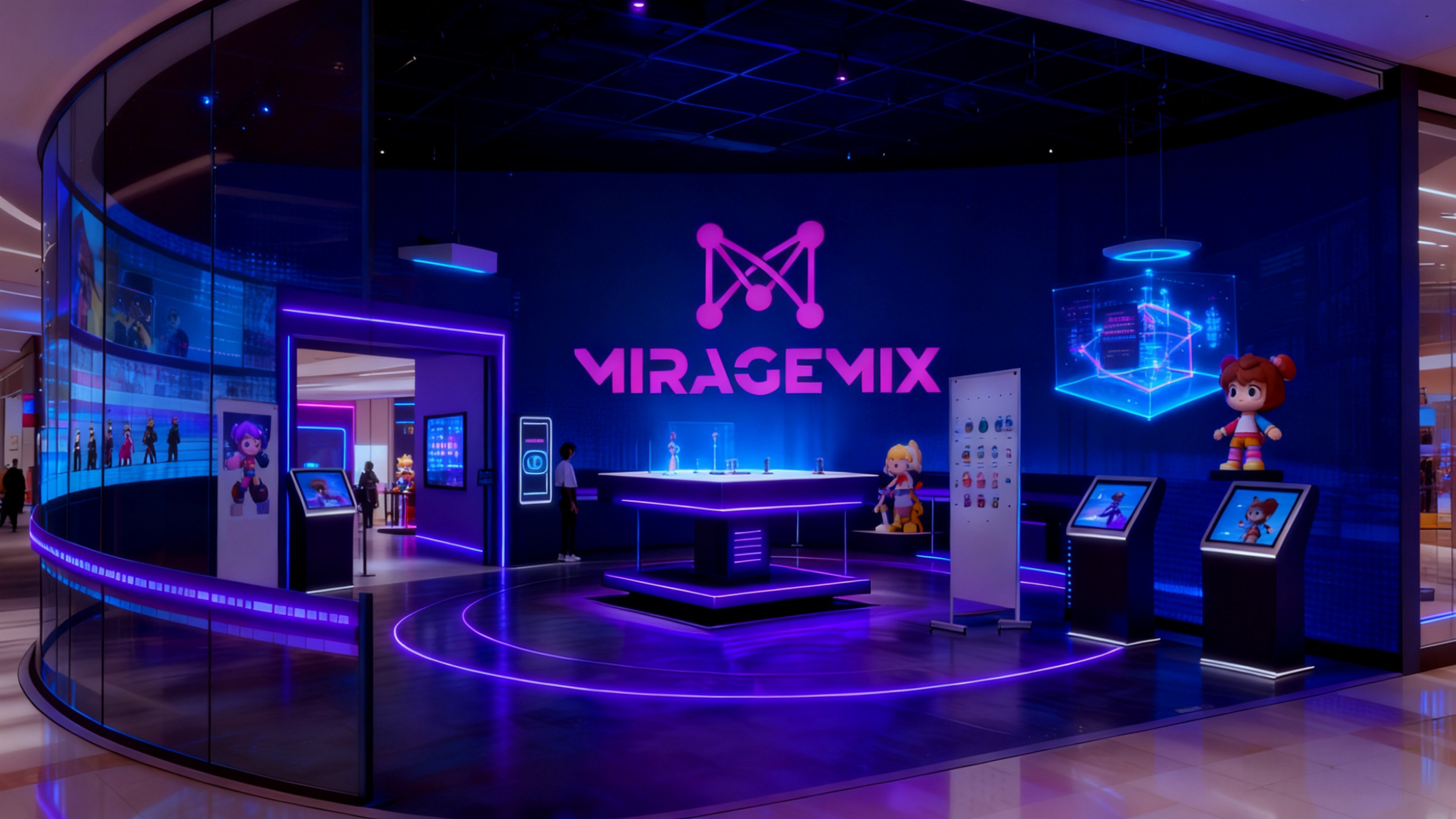 The image shows a futuristic exhibition booth with neon purple and blue lighting, displaying the text "MIRAGEMIX" on a dark blue wall. The space includes animated character figures, digital tablets, and holographic displays, creating a high-tech, imm