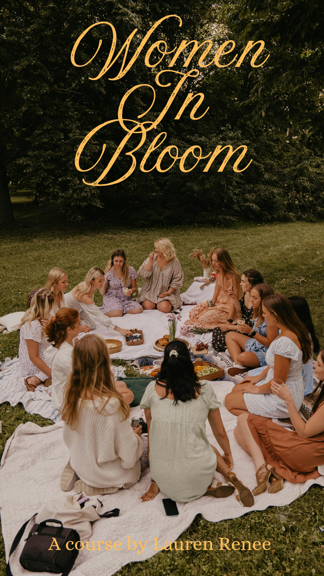 Women having a picnic outdoors on a blanket, with food and drinks, during a gathering titled 'Women In Bloom', a course by Lauren Renee.