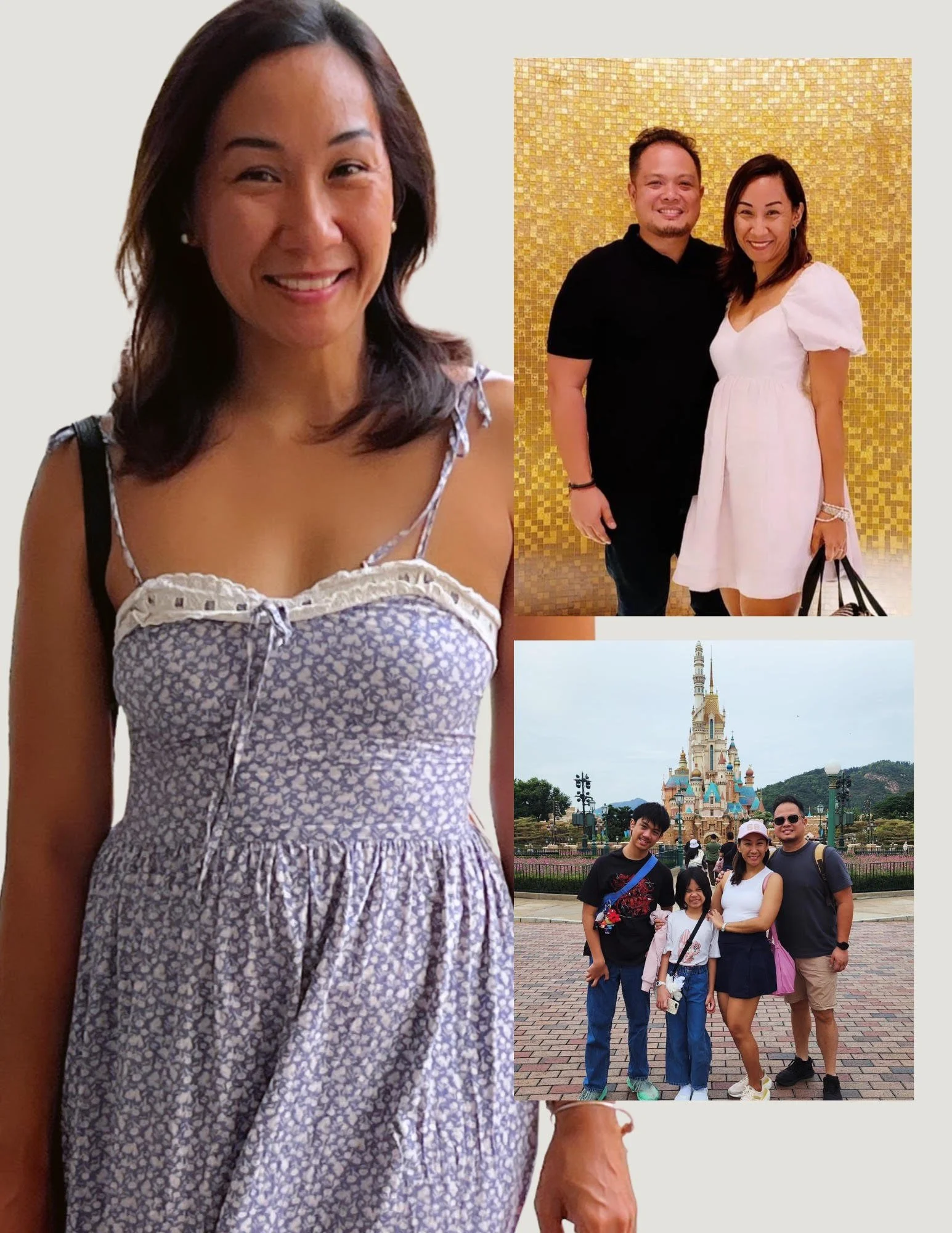 A collage of three photos featuring a woman with shoulder-length dark hair and a warm smile, wearing different outfits. The first photo shows her in a purple floral dress with spaghetti straps. The second photo depicts her with a man dressed in black, standing against a gold mosaic wall. The third photo shows her with her family in front of a Disney castle, with two children and two adults, all smiling.
