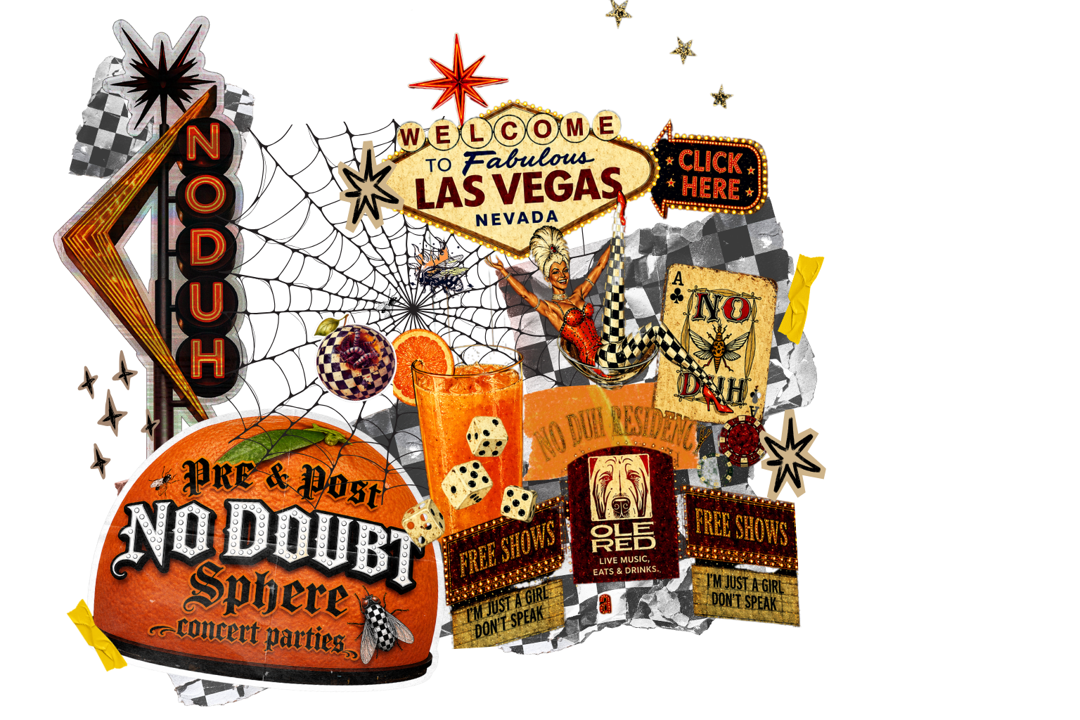A collage of Las Vegas-themed images including a welcoming sign, a woman in a showgirl costume, a neon 'NO' sign, a ball with checkered pattern, an orange cocktail with dice, playing cards, a 'Pre & Post No Duh Space' concert poster, and various other signs and decorations.