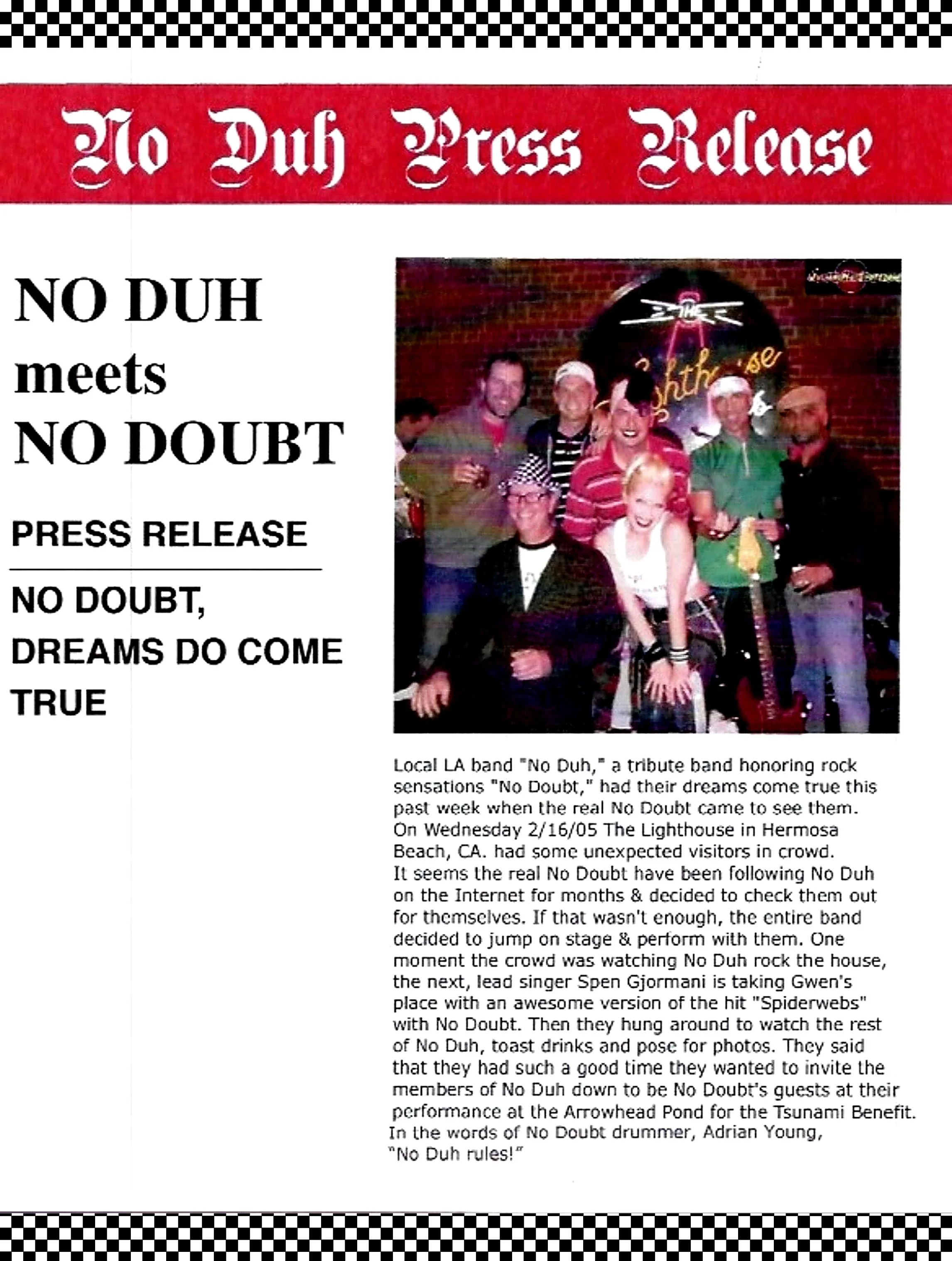 A newspaper article featuring a group photo of band members and a headline that reads "No Duh Meets No Doubt." The article discusses a tribute band honoring rock sensations No Doubt, mentioning a concert held at The Lighthouse in Hermosa Beach, CA, with details about the band's performance and audience.