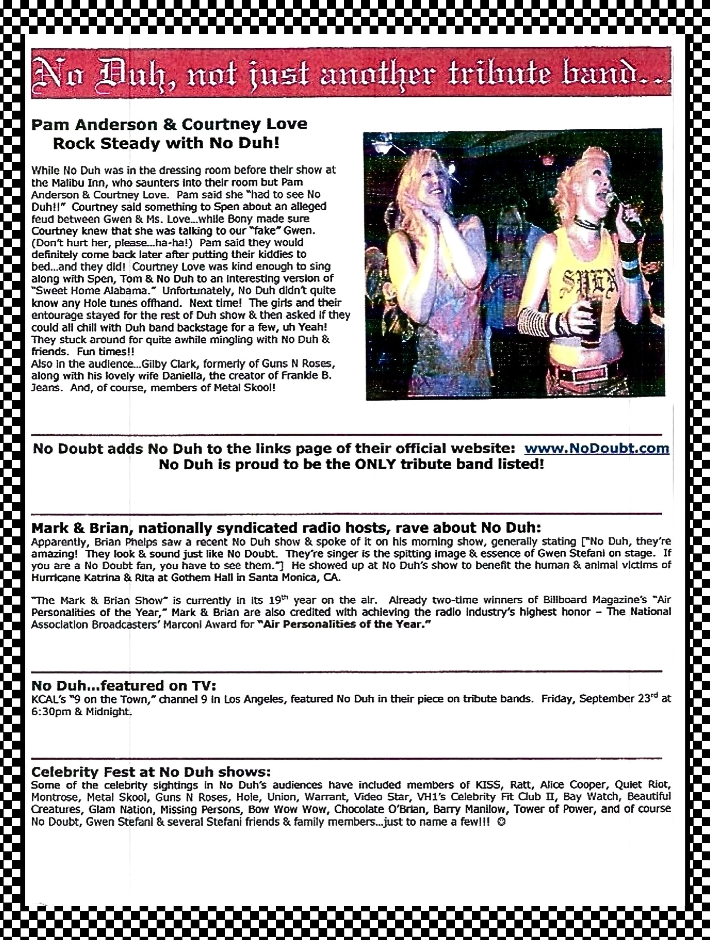 Newsletter page with headline 'No Duh, not just another tribute band...' and a photo of two women singing on stage, one with a microphone and the other with her hands clasped together. The page contains text about the band No Duh, their performances, and related entertainment.