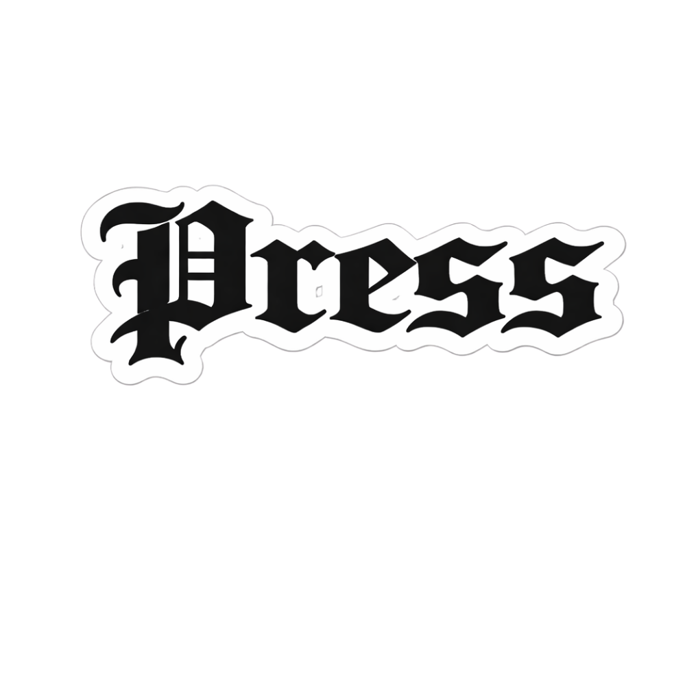 Black background with the word 'Press' written in stylized, gothic font with white outline.