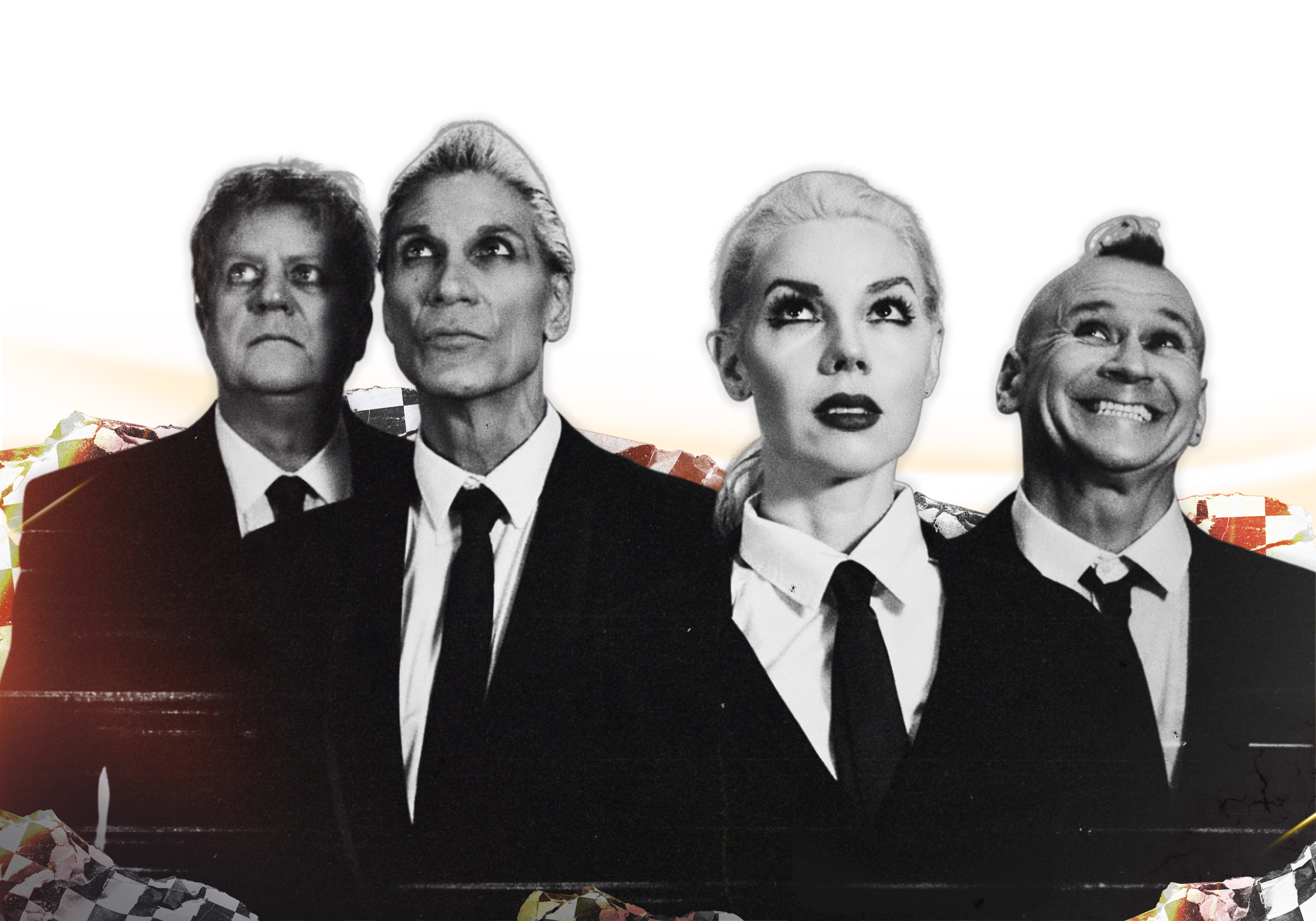 Black and white collage of four people with styled hair, two women and two men, set against a colorful abstract background.