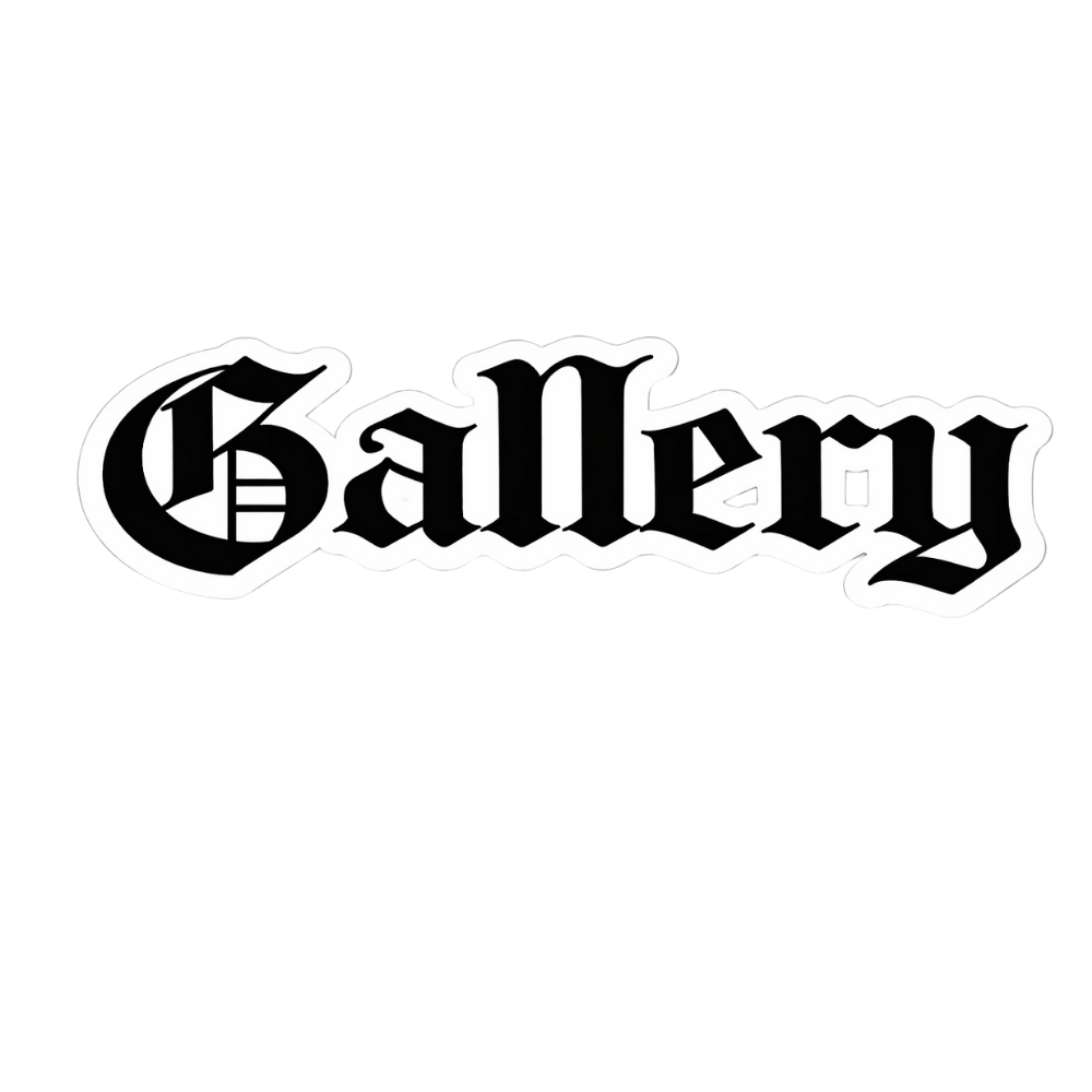 Black and white logo with the word 'Gallery' written in Gothic font.