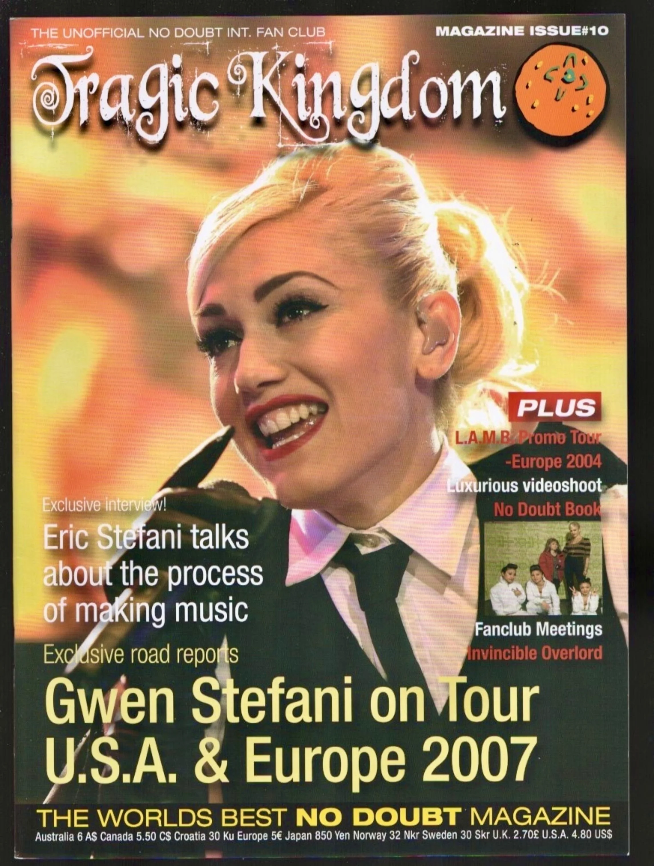 Magazine cover featuring Gwen Stefani with platinum blonde hair styled in soft waves, wearing a white shirt with a black bow tie, smiling. Cover text highlights interview about music production, tours, and other features, with an orange pumpkin illustration in the top right corner and a smaller photo of a group of children in the bottom right.