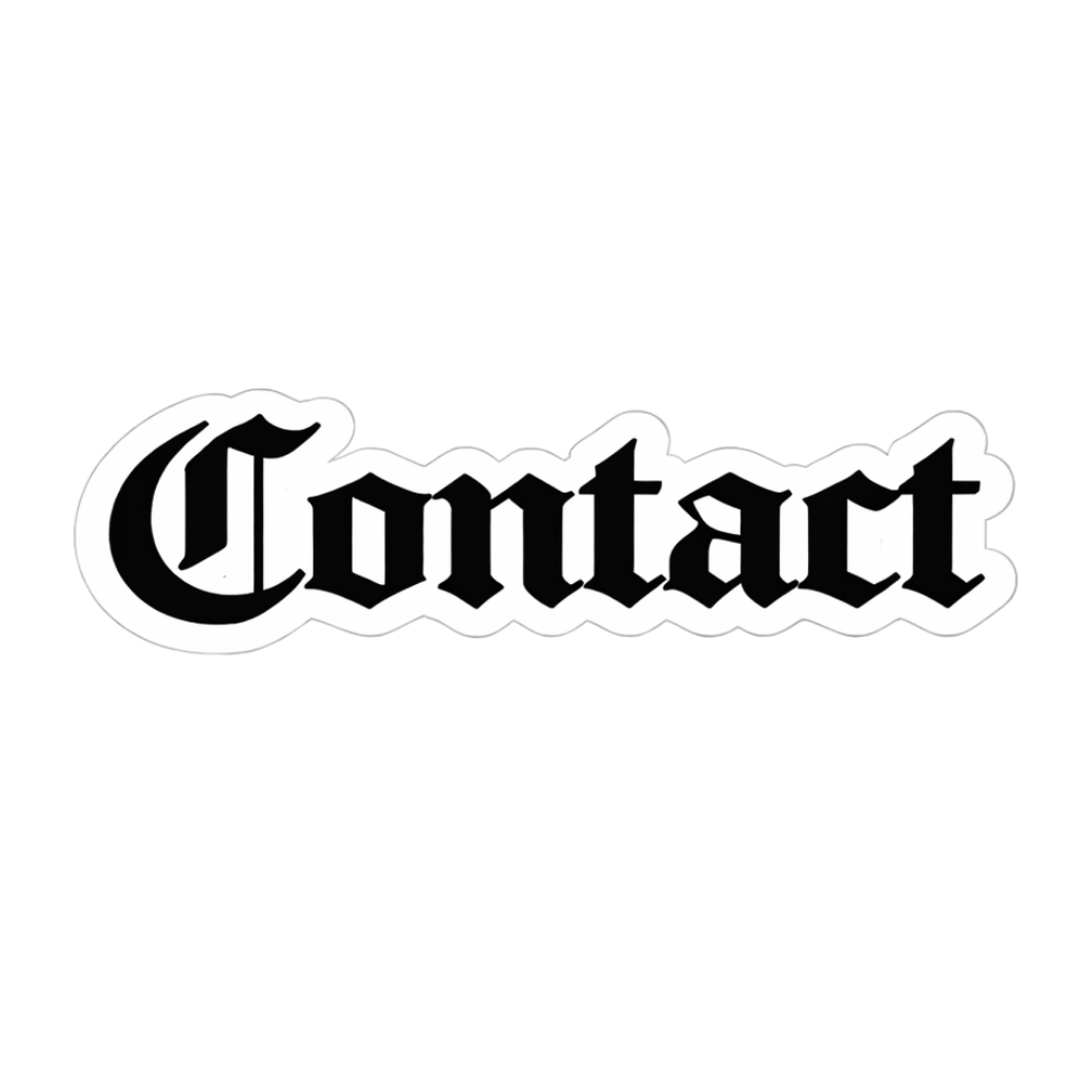 Black background with the word 'Contact' in a white gothic font.