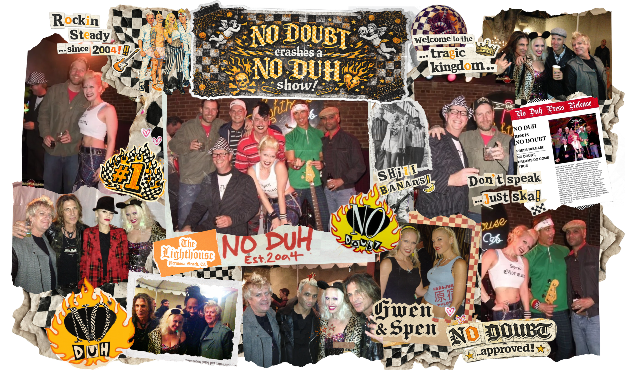 Collage of photos from a themed party with people dressed in punk attire, vintage outfits, and costumes. Decor includes signs with phrases like 'No Doubt Crashes a No Duh Show,' 'Welcome to the Tragic Kingdom,' and 'Don't Speak, Just Ska.' There are images of band members, attendees posing, and various decorative elements including skulls, flames, checkered patterns, and a crown. The overall vibe is rebellious and fun, with references to music, punk culture, and summer beach town themes.