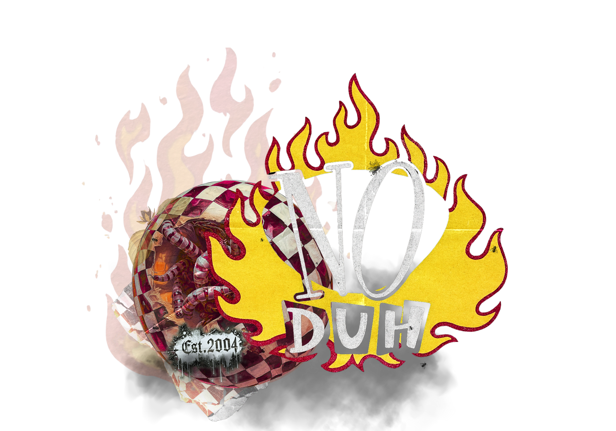 Illustration of a donut with toppings, flames in the background, and the text 'No Duh' and 'Est. 2004' on the donut.