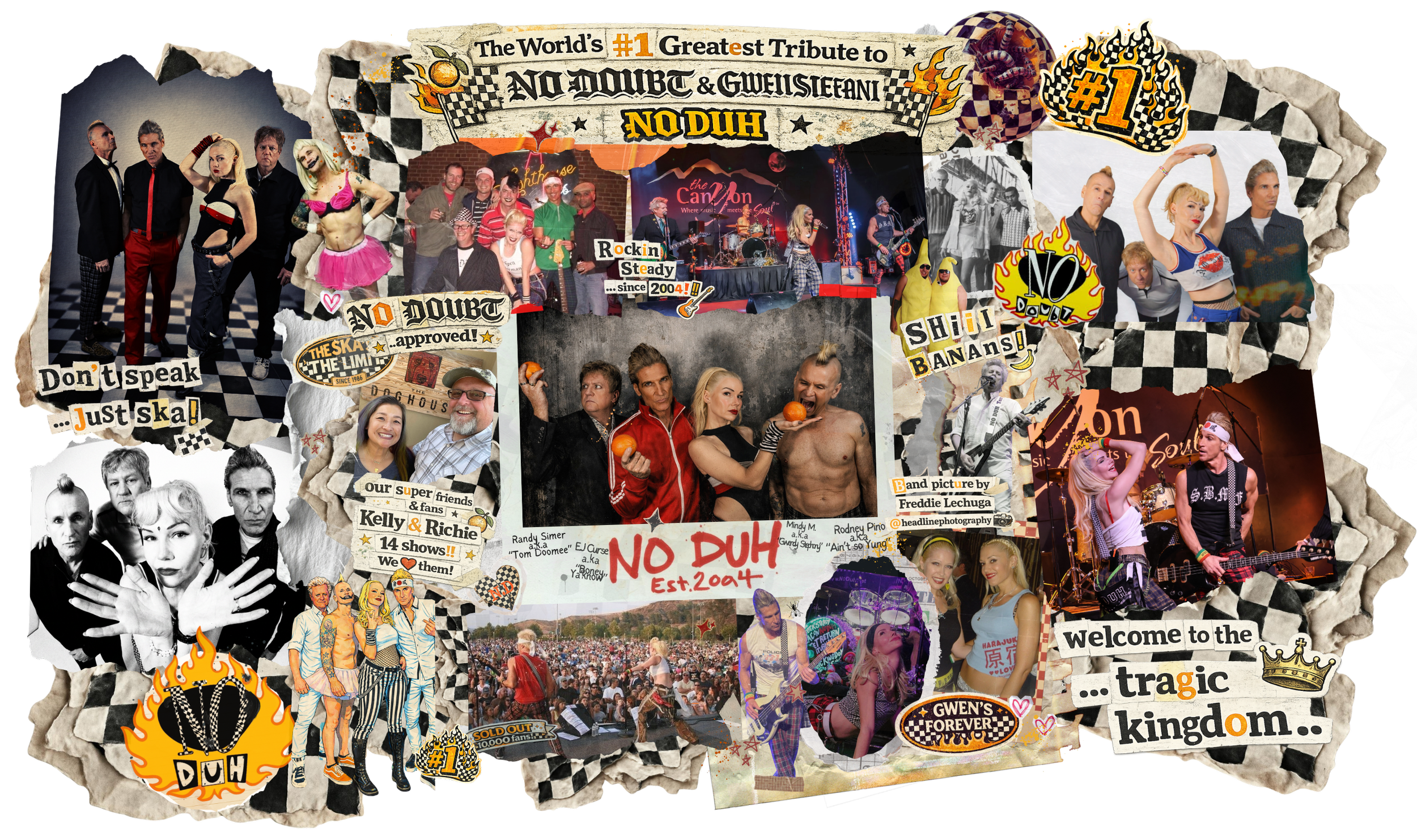 A collage of photos and graphics related to No Duh band, featuring band members, fans, stage performances, and colorful text and stickers, emphasizing their tribute to Gwen Stefani and their 14 shows since 2004.