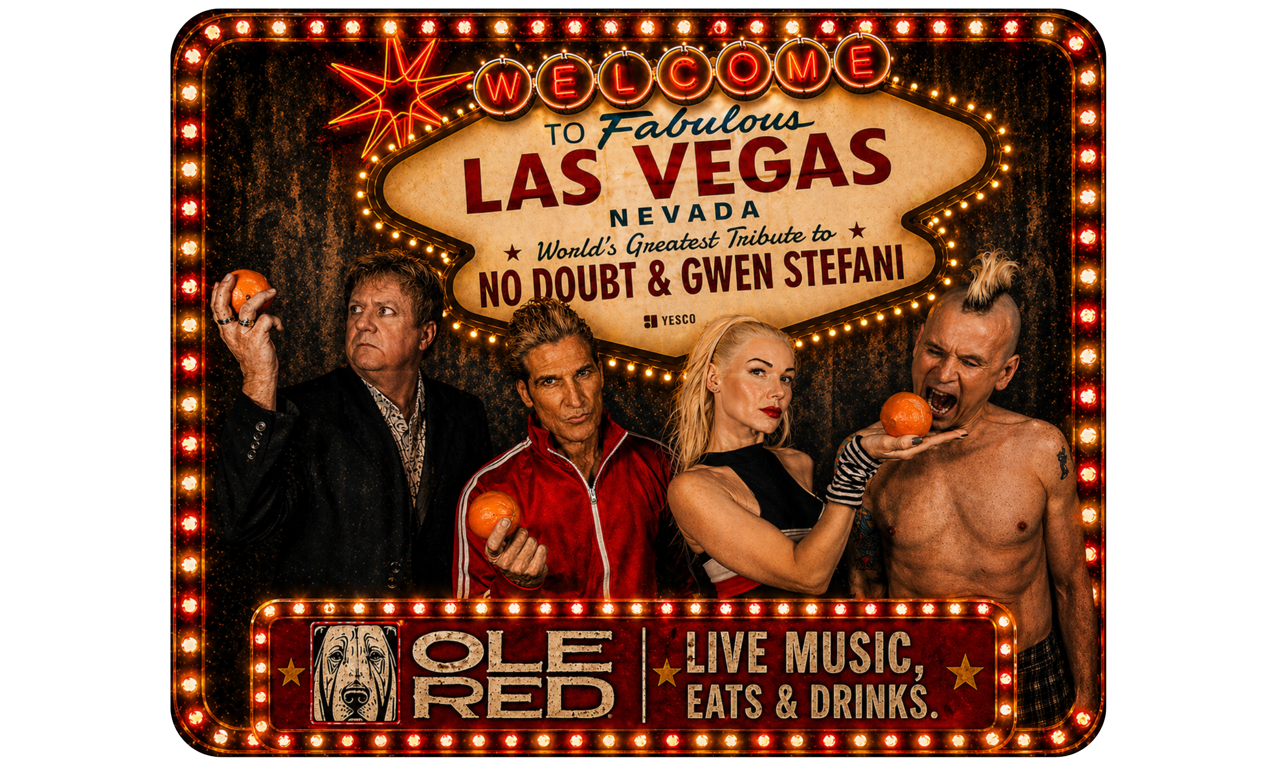 Colorful neon sign welcoming visitors to Las Vegas, Nevada, with four people posing in front. The individuals are styled with bold fashion choices, holding oranges, and making expressive poses. The sign advertises live music, food, and drinks.