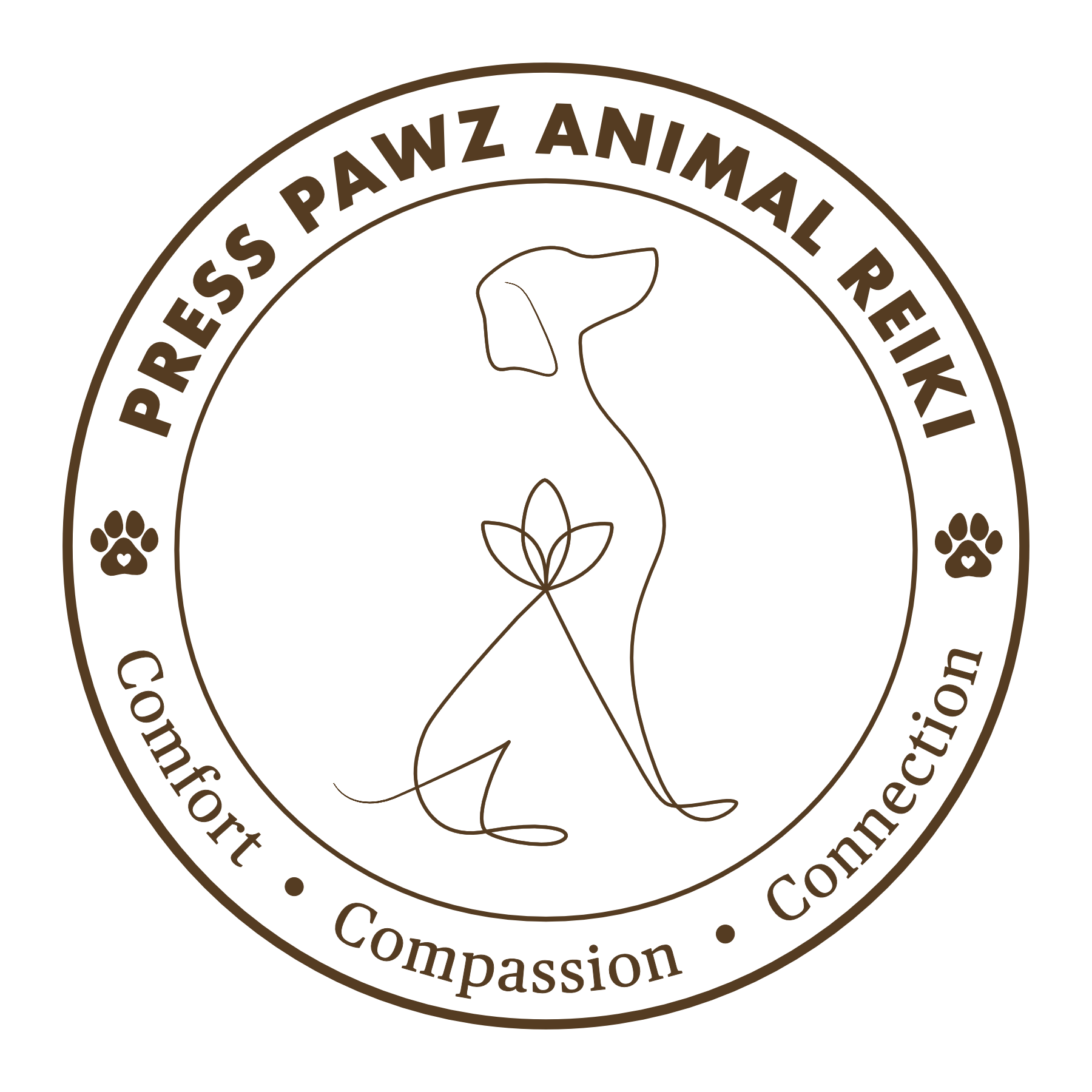 A circular logo with a line drawing of a dog with a lotus flower, surrounded by the text 'Press Paws, Animal Reiki, comfort, Compassion, Connection' and paw print icons with embedded hearts.