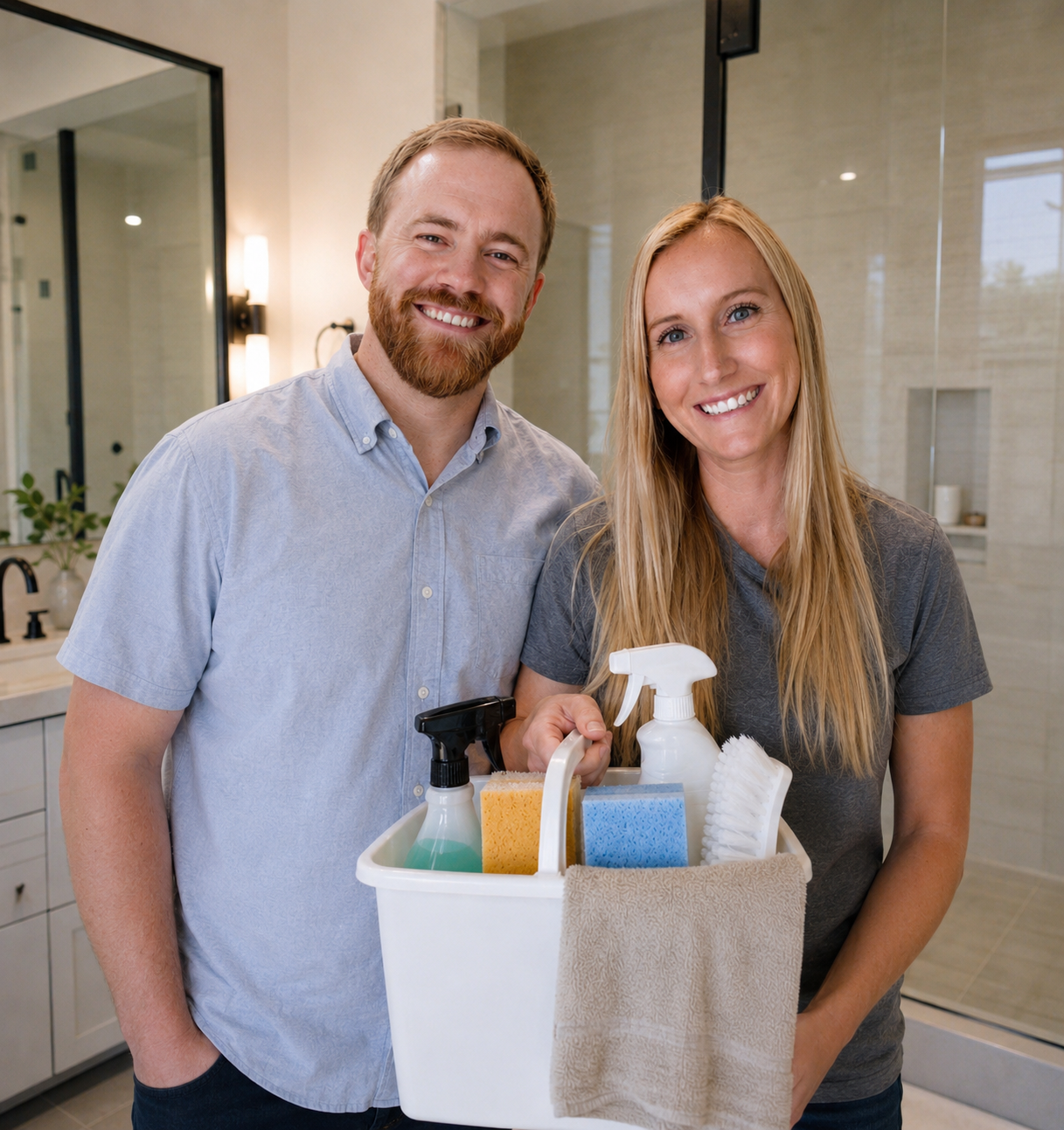 Smiling man and woman holding a cleaning supplies basket inside a modern bathroom.