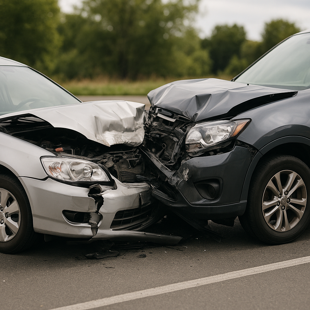 Two cars involved in a head-on collision on a road, with significant front-end damage to both vehicles.