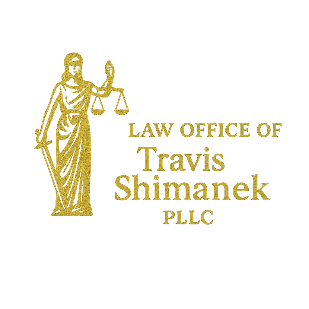 Gold plaque with Lady Justice holding scales and a sword, engraved with the text 'Law Office of Travis Shimanek PLLC'.
