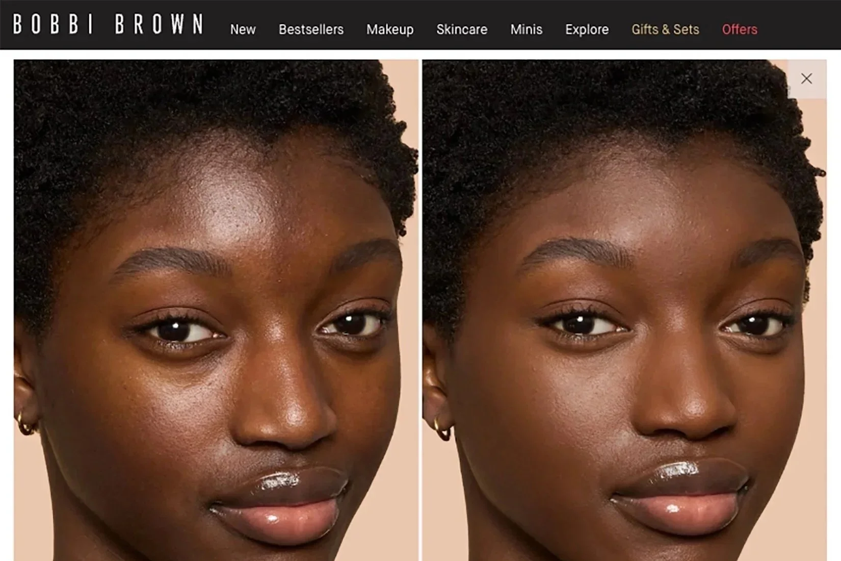 Side-by-side comparison of a woman's face before and after skincare or makeup application, showing smoother and more radiant skin in the after image.