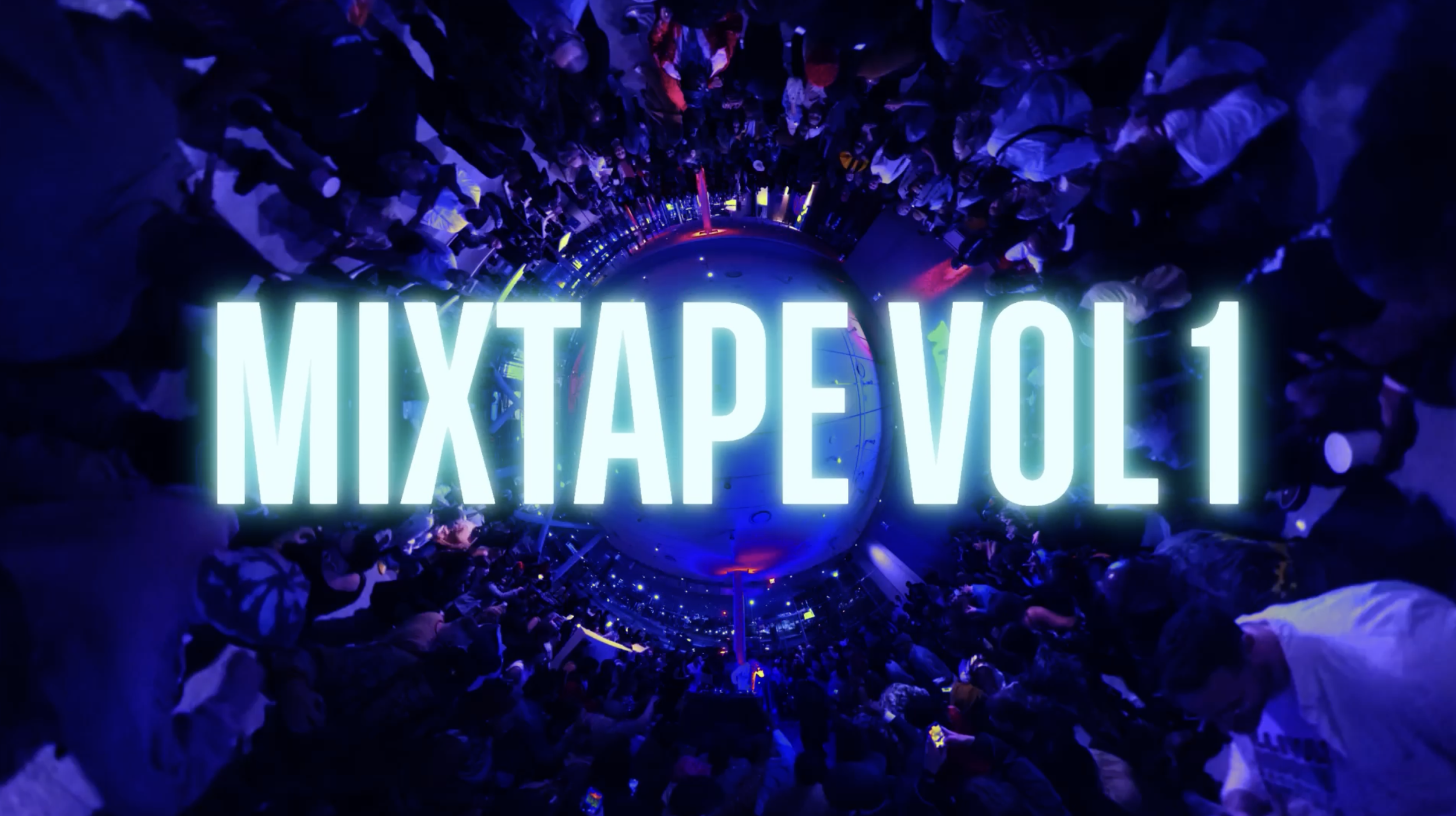 Crowd of people attending a neon-lit event with large text overlay reading 'MIXTAPE VOL 1' in glowing turquoise color.