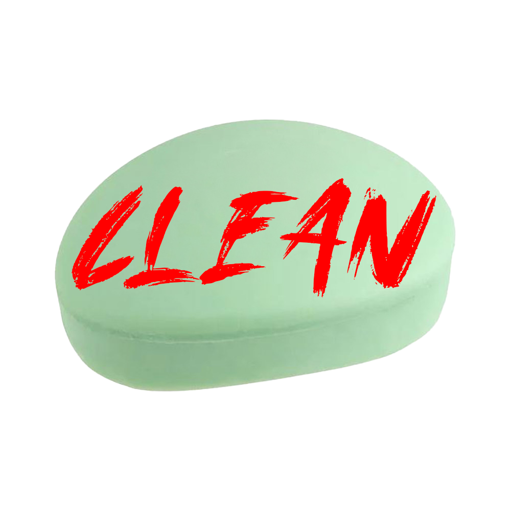 A light green oval sticker with the word 'CLEAN' written in bold red letters.