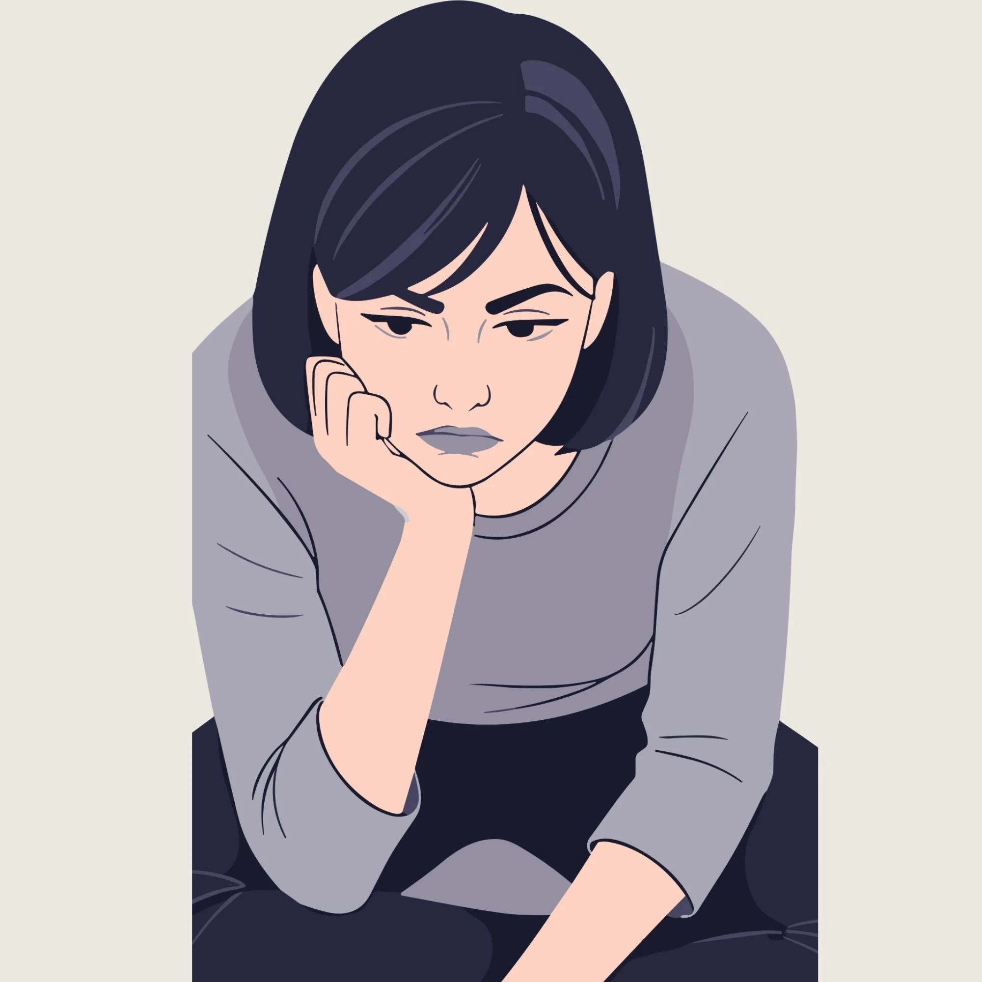 Femme assise déprimée dont le coude touche la cuisse droite et qui soutient son visage avec sa main droite