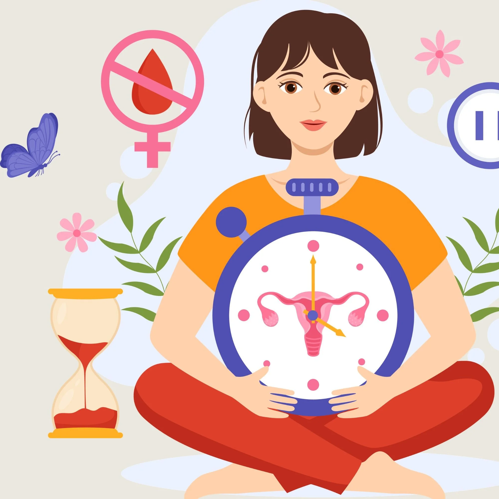 Femme assise en tailleur avec un sablier un sigle qui représente la fin des règles et une horloge avec un utérus dedans qui dit le temps est venu.