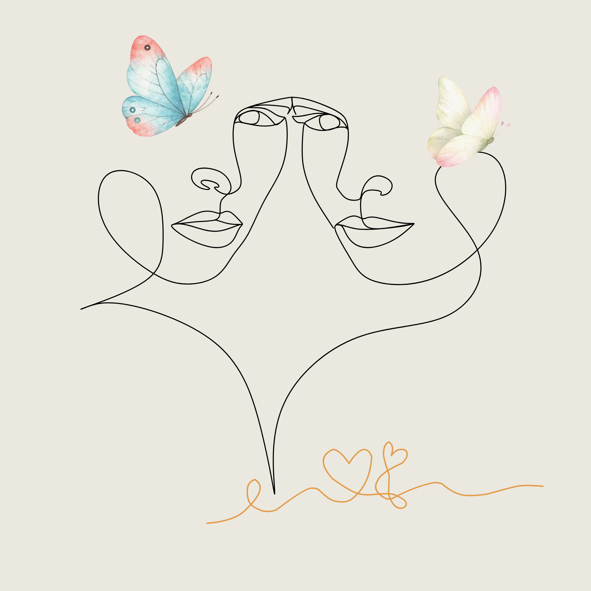 2 femmes dessinées dessinées avec des traits fins noirs sont le reflet l'une de l'autre, il y a un papillon bleu et rose à gauche et un papillon jaune rose et vert à droite et des coeurs en bas en orange