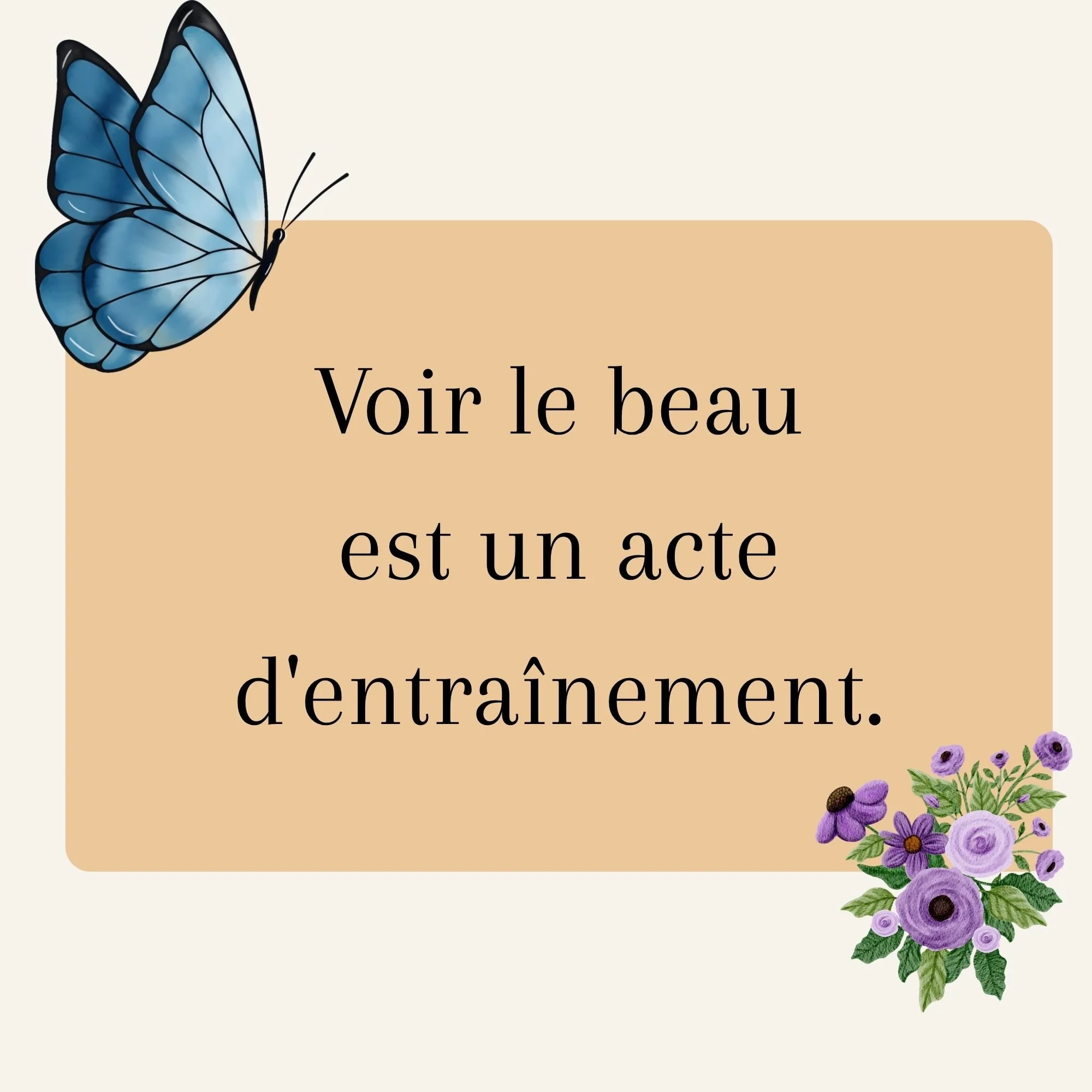 Illustration avec un papillon bleu, une bouquet de fleurs mauves et la phrase Voir le beau est un acte d'entraînement.