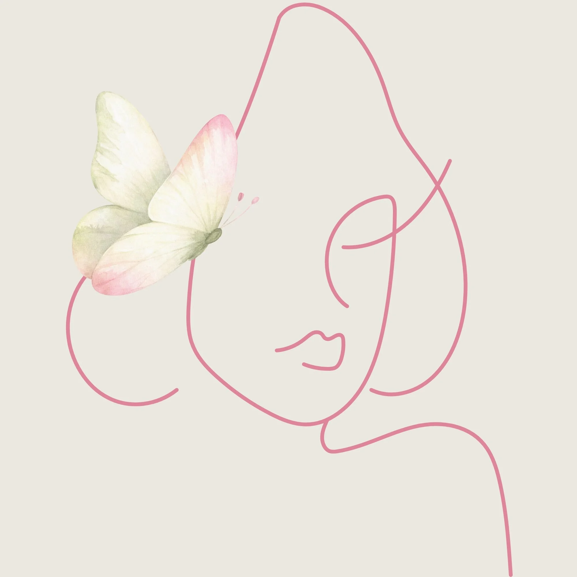 Illustration minimaliste en traits roses montrant le visage d'une femme de profil avec un papillon posé près de son œil. À droite, un texte explique que lorsque le mental ne suit plus, c'est une invitation à se redéfinir et à être douce avec soi.