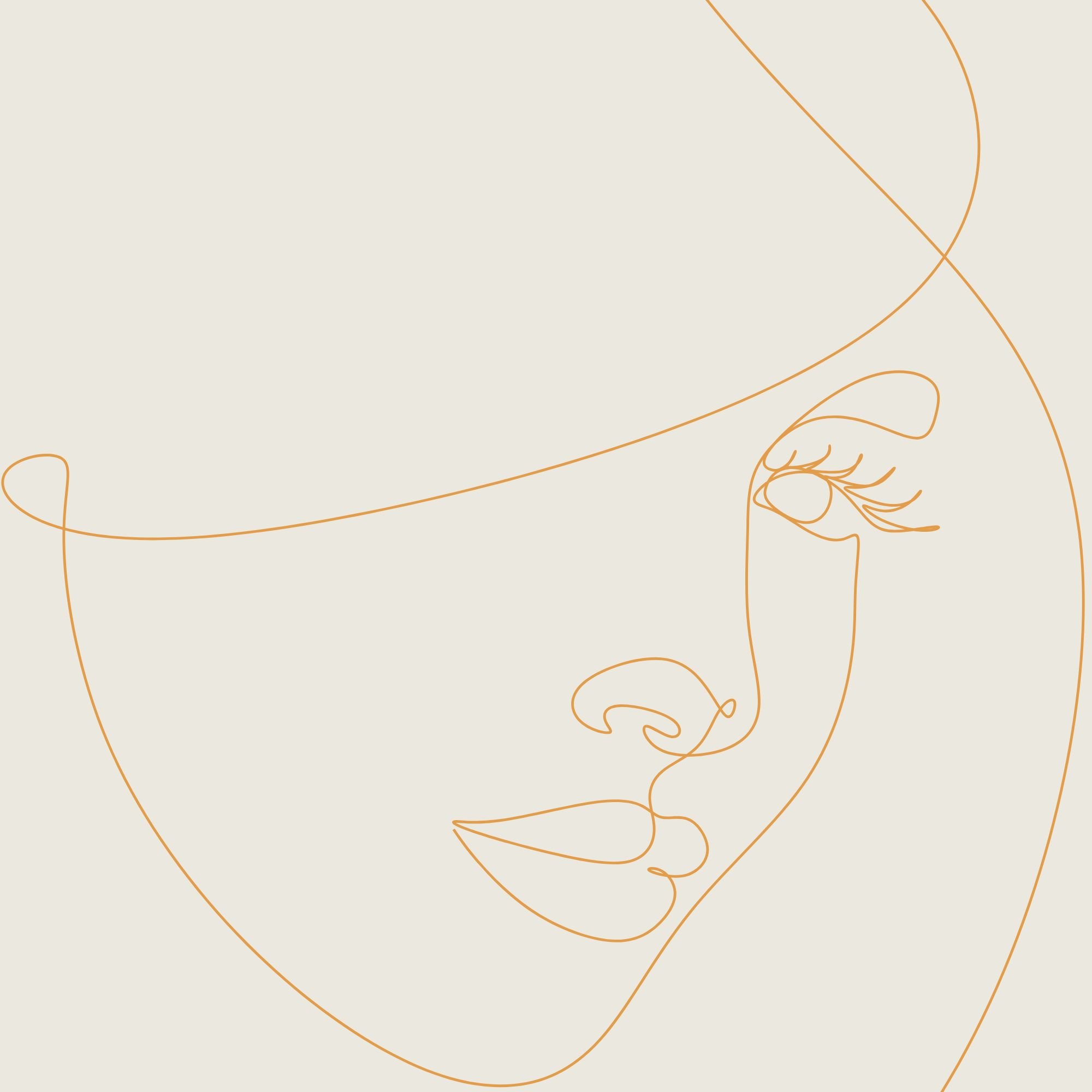 Dessin d'une femme de côté avec une grande mèche qui cache la moitié du visage dans des traits fins oranges